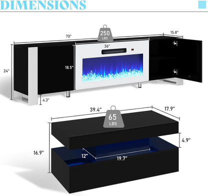 VanAcc 3-Piece Modern Living Room Table Sets, 70" Modern LED TV Stand with 36" Electric Fireplace, High Gloss Coffee Tables for Living Room, Black & White