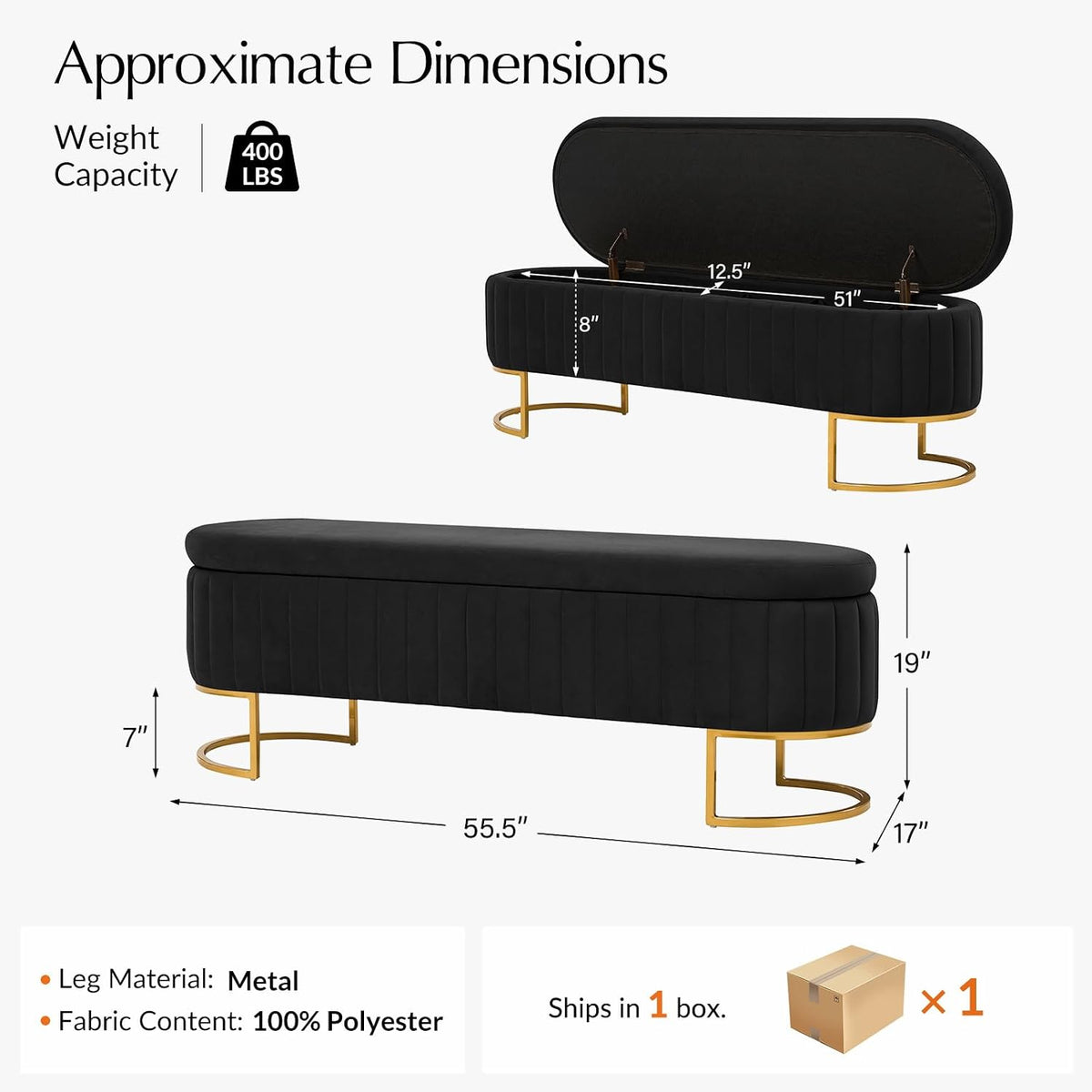 55.5" Velvet Upholstered Storage Bench with Channel Tufted Seat and Metal Legs, Multi-Functional Ottoman with Interior Organizer Pockets for Bedroom and Entryway, Flipping Lid Large Window Bench
