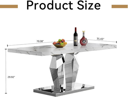 Henf Luxury Marble Dining Table for 6-8 Rectangular 70" Faux Marble Kitchen Table with Silver Mirrored Stainless Steel Base,White Faux Marble Large Long Pedestal Table (Table Only)