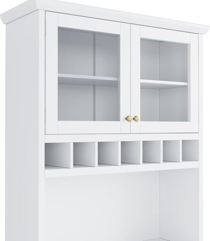 Merax 75" Tall Kitchen Pantry Storage Cabinet with Microwave Stand and Wine Rack, Pantry Storage Cabinet with 2 Pull Out Shelves and Glass Door, 35.4" W Coffee Bar Hutch for Dining Room,White