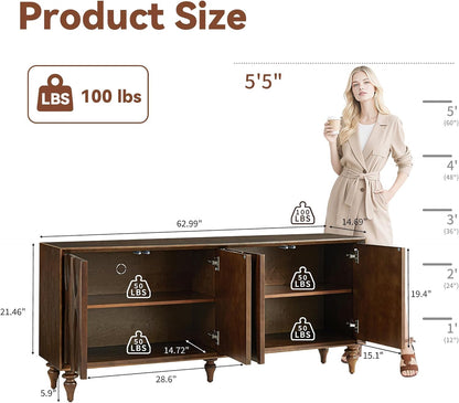 LKTART 62.99" Sideboard Buffet Cabinet with Storage, Solid Wood Kitchen Storage Cabinet Credenza Accent Console Table with Solid Wood Roman Legs Dovetail Door Trim Panel Ash Veneer,Walnut