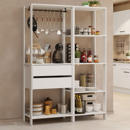 Madesa Kitchen Pantry Storage Rack with 2 Drawers, 7 Shelves and Hanging Space 51" L Multiuse Modular Cabinet for Kitchen Organization - White