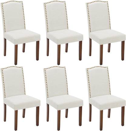 Kitchen Chairs Set of 6 Modern Upholstered Fabric Seat with Nailhead Trim and Ergonomic Lumbar Support for Living Room and Rustic Farmhouse Dining Area, Beige