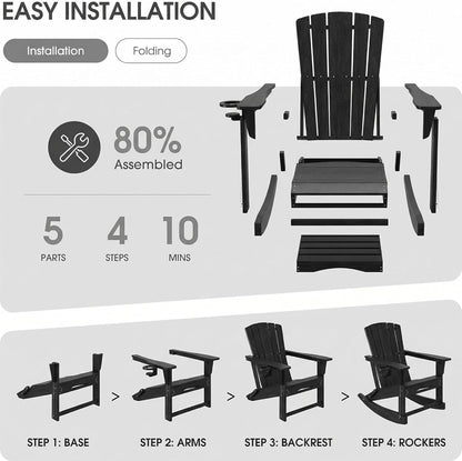 Adirondack Rocking Chair with Retractable Ottoman Set of 2,Outdoor Folding Adirondack Chair with Cup Holder,HDPE All-Weather Patio Lounge Chair for Porch,Lawn, Poolside, Black