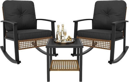 Aoxun 3 Piece Outdoor Rocking Chairs Bistro Set, Rattan Patio Furniture with Thick Cushions & 2-Tier Coffee Table, Patio Rocking Chairs Set of 2 for Garden, Porch, Balcony Black