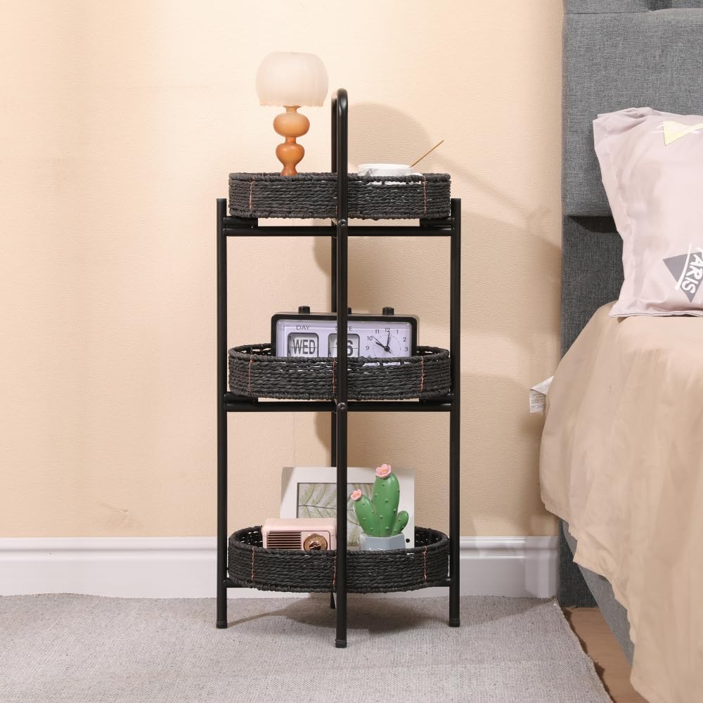 Small Handwoven Side Table 3-Tier Oval Storage Organizer, Wicker Shelf for Kitchen, Living Room, Bedroom, Balcony, Picnic, Portable Woven Rack (Black)
