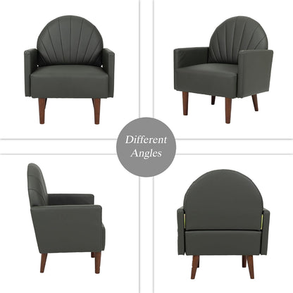 Modern Upholstered Single Sofa Chair，PU Leather Armchair Vanity Chair Shell Back Accent Chair with High Resilience Foam Cushion, Spacious Seating Reading Chair for Living Room Bedroom (Sage Green)