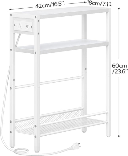 HOOBRO Small Narrow Side Table with Charging Station, Skinny End Table for Small Spaces, Slim Nightstand with USB Ports Outlet, Sofa Beside Table with Storage Shelf, White WT102UBZ01