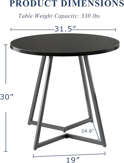 VECELO Round Dining Room Table with Wood Grain Tabletop and Steel Frame, for Kitchen, Living Room, Office, Conference, 2 to 4 Person, Black