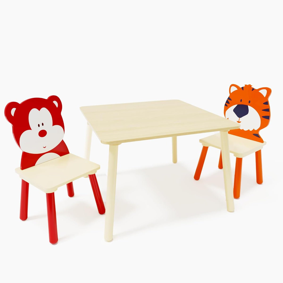 3 Pieces Toddler Table and Chair Set, Tiger & Bear Pattern Solid Wood Legs Heavy Duty Boys and Girls Activity Play Table and 2 Chairs Furniture for Playroom Daycare Kindergarten