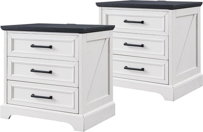 ACCOHOHO 22" Farmhouse Nightstands Set of 2 with 3 Drawers, Off White | Charging Station, Metal Handles, X-brace Side Panels, Arched Foot Base, Modern End Table, for Bedroom, Living Room