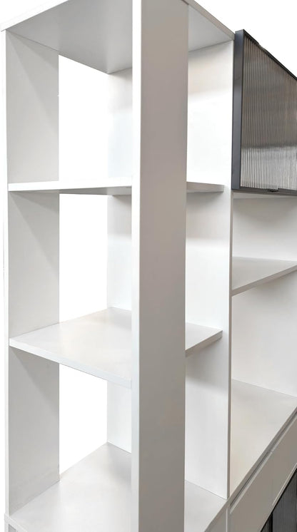 Modern 70.87" Tall Storage Cabinet with 5 Drawers, Glass Doors and Display Shelves, Freestanding Kitchen Pantry Cabinet with Microwave Space for Living Room, Dining Room, Hallway, White