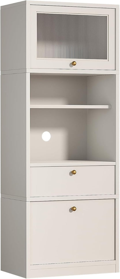 71" Tall Pantry Cabinet, Freestanding Storage Cabinet with Doors and Adjustable Shelves, Drawer and Anti-Tip Kit, E1-Grade Wood for Kitchen Pantry Bathroom Storage, Warm White