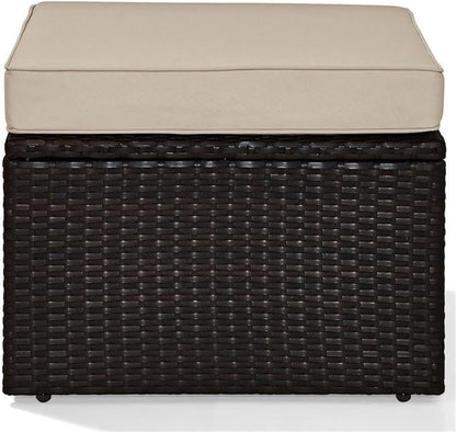Pemberly Row Wicker Patio Ottoman, Brown Finish with Sand Cushions, Resin Wicker and Steel Frame, UV/Fade Resistant, 23" W x 23" D x 17.5" H, Outdoor Footrest for Deck, Patio, or Garden Use