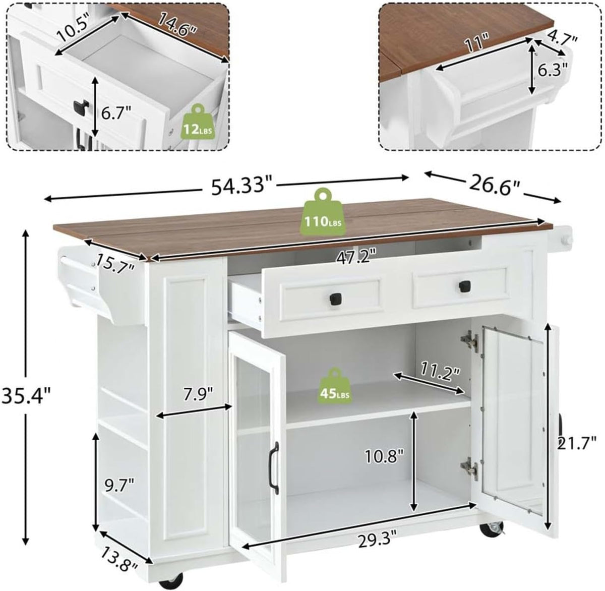 Kitchen Table with Storage with Internal Storage Rack, Power Outlet and Open Shelves, Moveable Kitchen Island with Spice Rack, for Kitchen, Dining