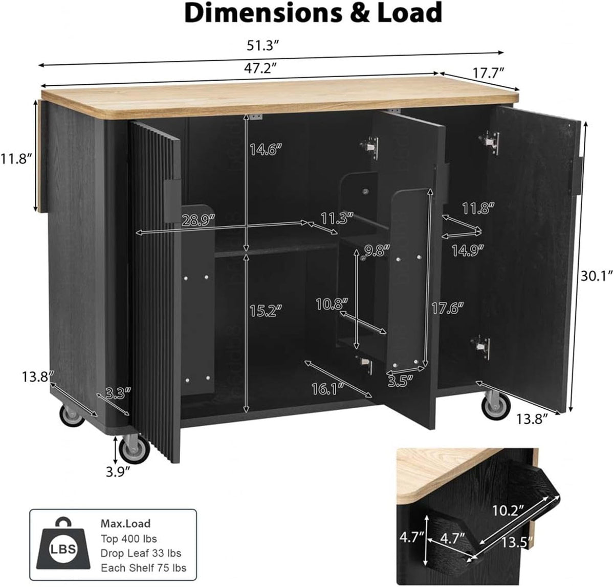 Narrow Kitchen Island with Drop Leaf with Storage and Dining Table, Floating Island Kitchen with Wheels Towel Rack， for Kitchen, Dining Room, Black