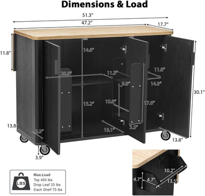 Narrow Kitchen Island with Drop Leaf with Storage and Dining Table, Floating Island Kitchen with Wheels Towel Rack， for Kitchen, Dining Room, Black