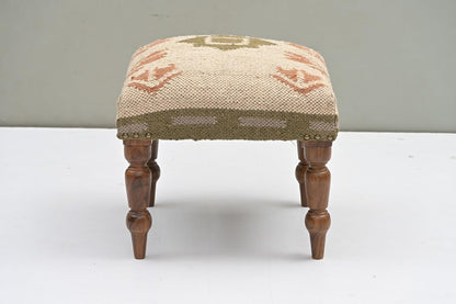 Handmade Jute Upholstered Ottoman Stool | Square Foot Rest with Wooden Legs | Decorative Accent Seating for Bedroom, Living Room, Entryway, Vanity & Hallway (Beige-Green)