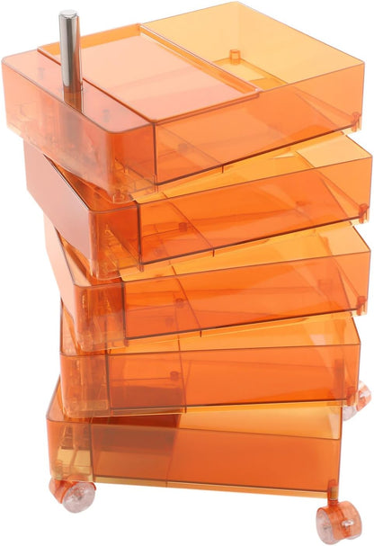 5 Tier Storage Cabinet, 360° Rotating Sofa Side Cabinet, Multi-Functional Rotating Side Table, Mobile Bedside Table, Portable Storage Organizer for Living Room Bedroom Office (Clear Orange)