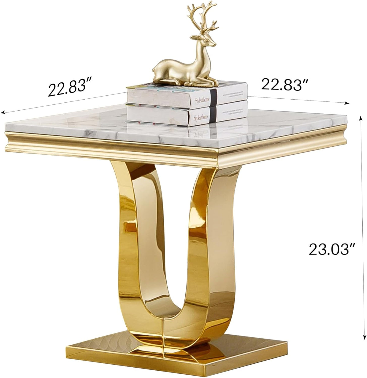 1 Piece Living Room End Table Luxury Faux Marble Sofa Side Table, Modern White Gold End Table with U-Shape Stainless Steel Pedestal Base