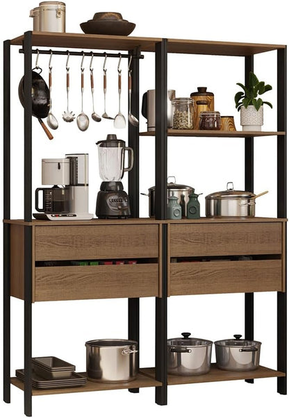 Madesa Kitchen Pantry Storage Rack with 4 Drawers, 5 Shelves and Hanging Space 55" L Multiuse Modular Cabinet for Kitchen Organization - Black/Brown