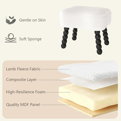 White Ottoman, Small Footrest with Storage Space, Unique Shaped Ottoman with Wood Legs，Faux Teddy Fur(Bone-White)
