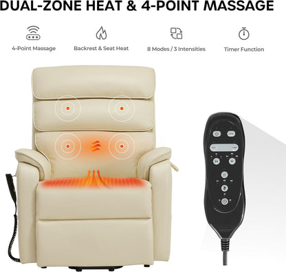 DYNOX Power Lift Recliner Chair for Elderly, Dual Motor Lay Flat Lift Chair with Heat & Massage, 350 LBS Capacity(9188,Faux Leather,Cream)