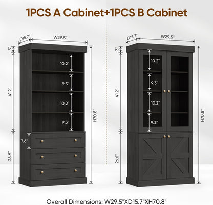 71" Tall Farmhouse Kitchen Pantry, Large Storage Cabinet with Glass Doors, Adjustable Shelves + 3 Drawer, Wood Versatile Hutch Cabinet for Dining Room, Living Room， Black，2Pcs