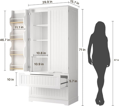 Gizoon 71" Tall Kitchen Pantry Cabinet with Drawers for Dining Room, Food Pantry Storage Cabinet with 8 Doors Shelves for Snack and Spice, Large Craft Storage Cabinet for Craft Room, White, Painted
