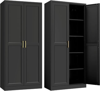 Steeloong 71"Metal Pantry Storage Cabinet with Doors & 4 Adjustable Shelves | Kitchen Pantry Cabinet,Black Kitchen Cabinet with 2 Gold Handles,Tall Cabinet for Livingroom,Pantry, Bathroom,Kitchen,Garage