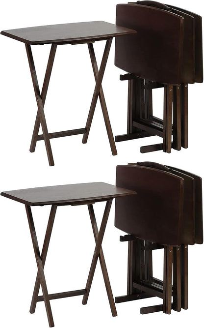 PJ Wood - 5-Piece Folding Tray Table Set - Walnut with Rack | Solid Wood, 14.57 x 19.09 x 26 in, 36 lb Capacity, Indoor Use, Rectangular Design, Glide Feet, Space Saving Storage