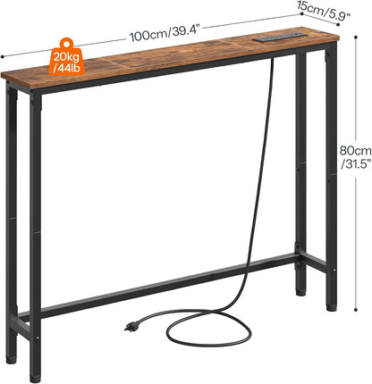 HOOBRO 39.4 Inch Narrow Console Table with Power Outlets, 5.9 Inch Sofa Table with Storage, Skinny Behind Couch Table, for Entryway Hallway, Small Spaces, Rustic Brown and Black BF52UXG01G1