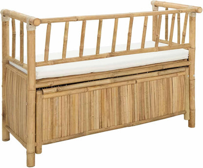 Bamboo Garden Storage Bench 110 x 47 x 80 cm, Outdoor Storage Bench with Hidden Compartment, Post Leg Design for Patio, Natural Finish