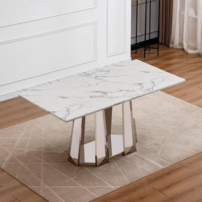 Luxury Rectangle Faux Marble 70" White Dining Table for 6-8 People, Modern Large Kitchen Table with Silver Mirrored Stainless Steel Leg Base, Dining Table for Dining/Living Room, Office (One Table)