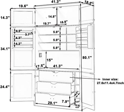 LUMISOL Tall Kitchen Pantry Cabinet with Drawers, 80.1" Freestanding Cupboard Storage Cabinet with Adjustable Shelves and Door Shelves, Kitchen Hutch with 2 Power Outlets for Dining Room, Blue