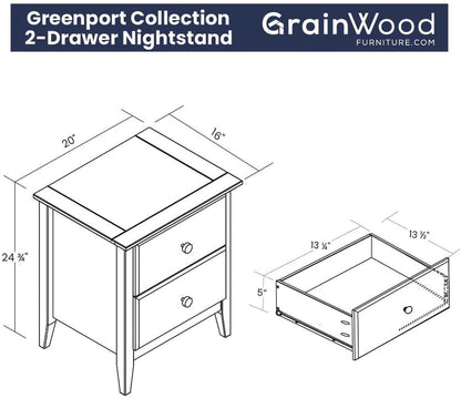 Grain Wood Furniture Greenport 2-Drawer Bedroom Nightstand, Solid Wood with Brushed Hickory Finish