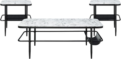3pc Occasional Table Set with Tempered Glass and Metal Base | Includes 1 coffee table and 2 end tables with white marble print tempered glass tops