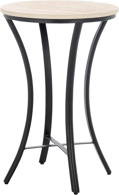 SAFAVIEH Home Collection - Saxony Side Table, Round Beige Travertine Top with Black Metal Legs, Fully Assembled (ACC3731A)