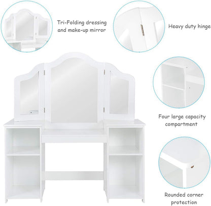 GOFLAME Kids Vanity Table, 2 in 1 Detachable Design with Dressing Table and Writing Desk, Princess Style, White MDF and Plastic Mirror, 42"×16"×46" (L×W×H), 2 Oversized Shelves, 3-Panel Mirror