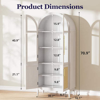 71" Tall Arched Cabinet with Glass Doors, Kitchen Pantry Storage Cabinet with Dust-Proof Rattan, 5-Tier Curio China Cabinet with Adjustable Shelves for Living Room Dining Room, White