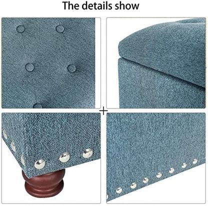 24’’ Rectangular Upholstered Storage Ottoman for Living Room | Fabric Foot Stool with Nail-head Trim- Chests and Organizers , Load Up to 350 lb, Lake Blue