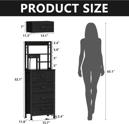Furnulem Tall Nightstand, LED Night Stand with Charging Station | USB Ports, 4 Fabric Drawers and 4 Tier Storage Shelf, Nightstands Bedside Tables for Bedroom, Dorm, Office (Black Oak)