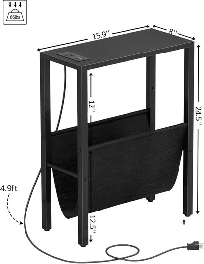 Vagusicc Narrow End Table with Charging Station, Narrow Nightstand with USB Ports & Outlet, Slim Sofa Side Table, Black End Table, Small Side Table for Small Spaces, Living Room, Bedroom, Black