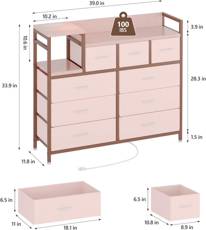 Jojoka TV Stand with Charging Station, Bedroom Dresser for Living Room TV Stand with 9 Drawers, Pink