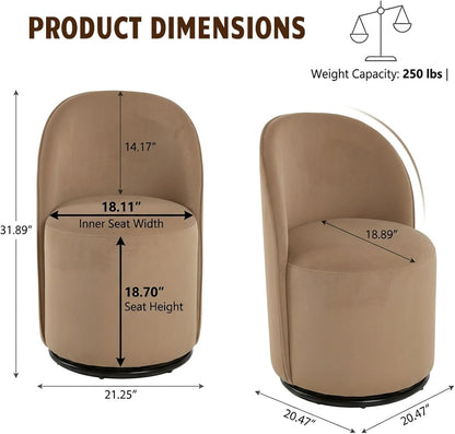 360 Degree Swivel Barrel Chair Set of 2, Mid Century Modern Round Velvet Dining Chair Comfy Upholstered Accent Chair Makeup Vanity Side Chair for Kitchen & Dining Room Living Room Bedroom (Brown)