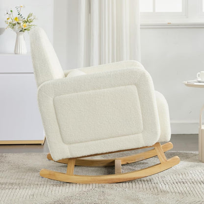 Accent Rocking Chair with Pillow, Ultimate Comfort for Your Home, Teddy Velvet, Cream White (Cream White + Teddy + Rubberwood-1)