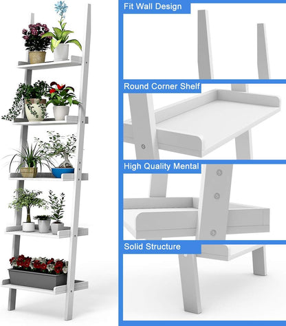 Tangkula Ladder Shelf, 5-Tier Multifunctional Modern Wood Plant Flower Book Display Shelf, Home Office Storage Rack Leaning Ladder Wall Shelf (White, 1)