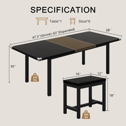 Einhomn 7-Piece Dining Table Set, 63" Extendable Kitchen Room Table with 6 Stools, Mid Century Modern Dinner Table with Metal Frame & MDF Board, Space-Saving, Easy Assembly, Black