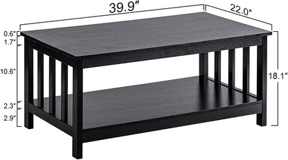 ChooChoo Mission Coffee Table, Black Wood Living Room Table with Shelf, 40 Black