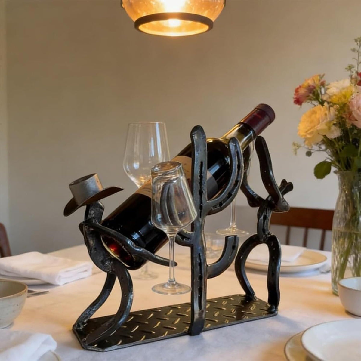 Cowboy Wine Bottle Holder Gift for Men - Heavy Duty Metal Cactus Wine Rack - Rustic Western Decor Countertop Stand - Unique Southwestern Sculpture for Bar, Kitchen, Office